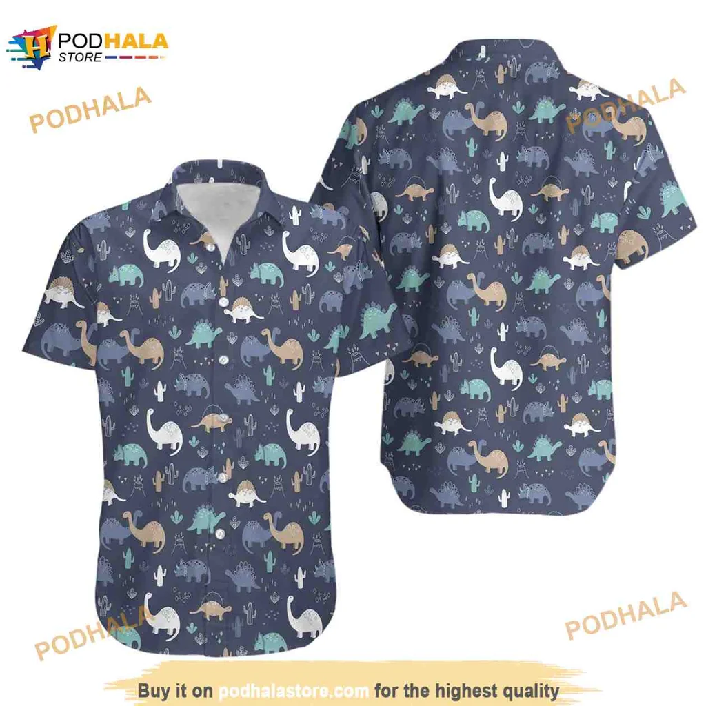 Dinosaur Pattern Funny Hawaiian Shirt With Colorful Cartoon Dinosaurs