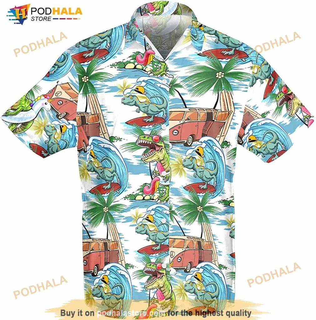Dinosaur Surfing Hawaiian Shirt With Tropical Waves And Palm Trees