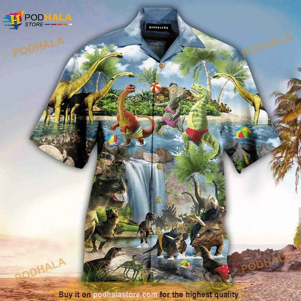 Dinosaurs Volleyball Hawaiian Shirt With T Rex And Brontosaurus Design