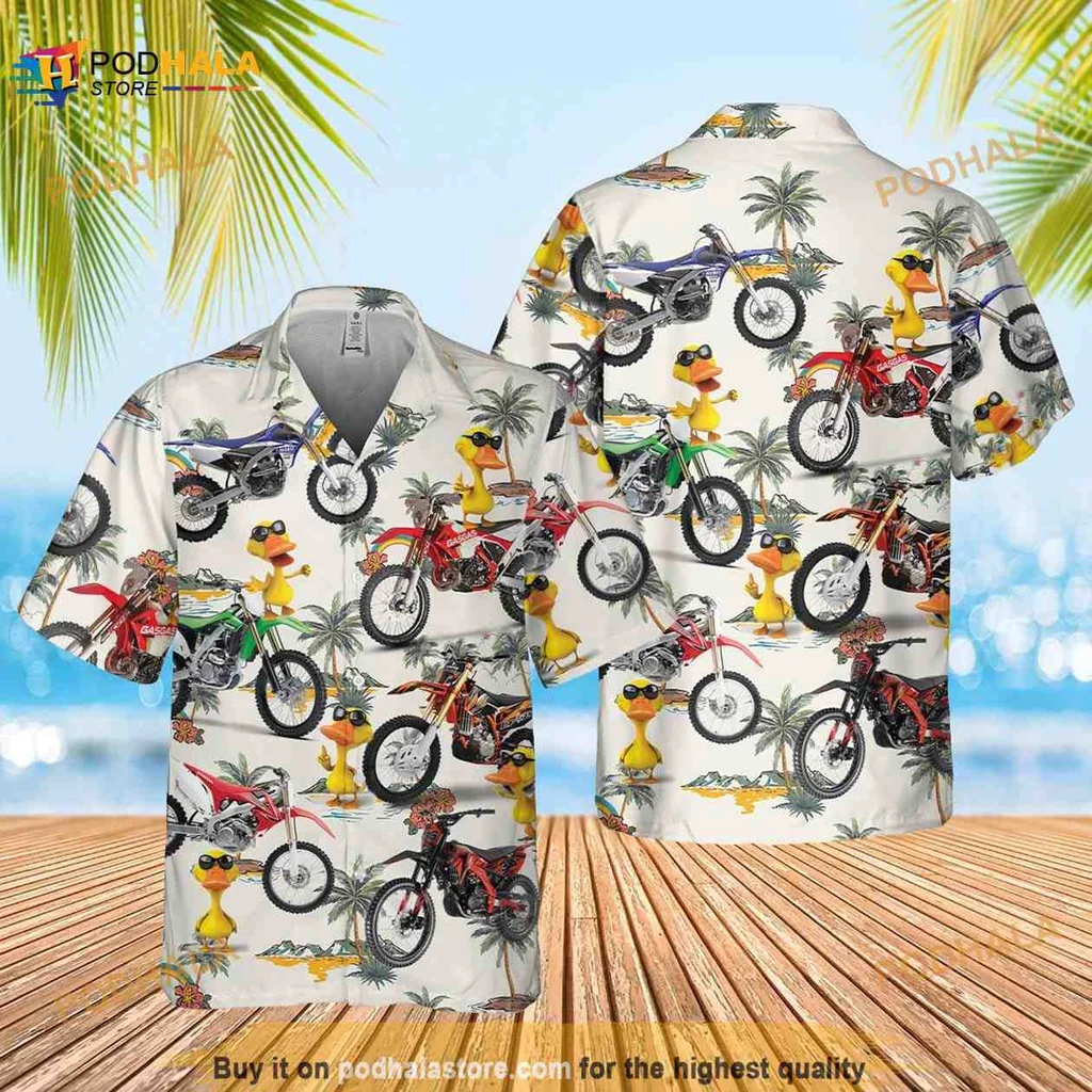 Dirt Bike Hawaiian Shirt With Tropical Palm Trees And Cartoon Ducks