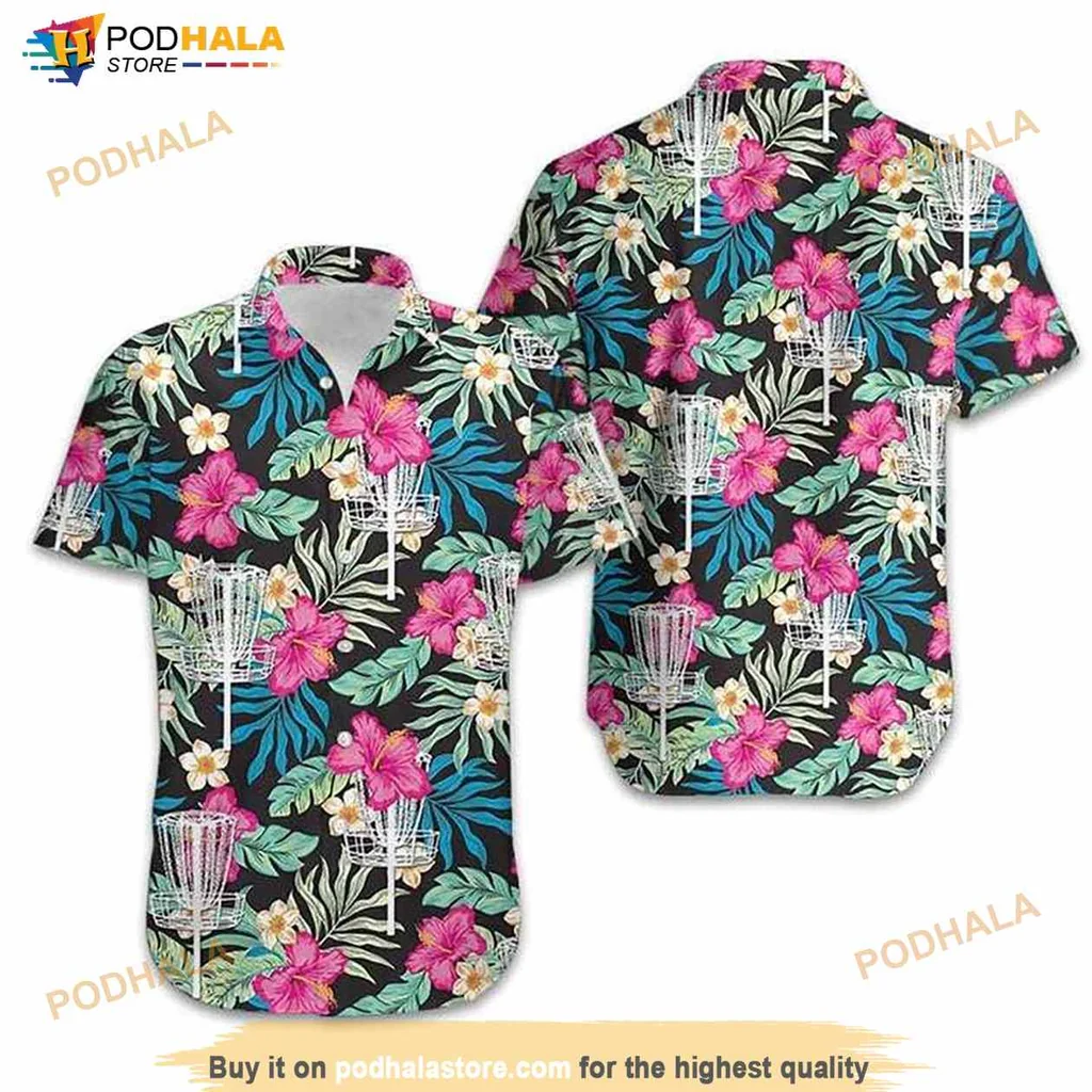 Disc Golf Hibiscus Hawaiian Shirt With Tropical Floral Design