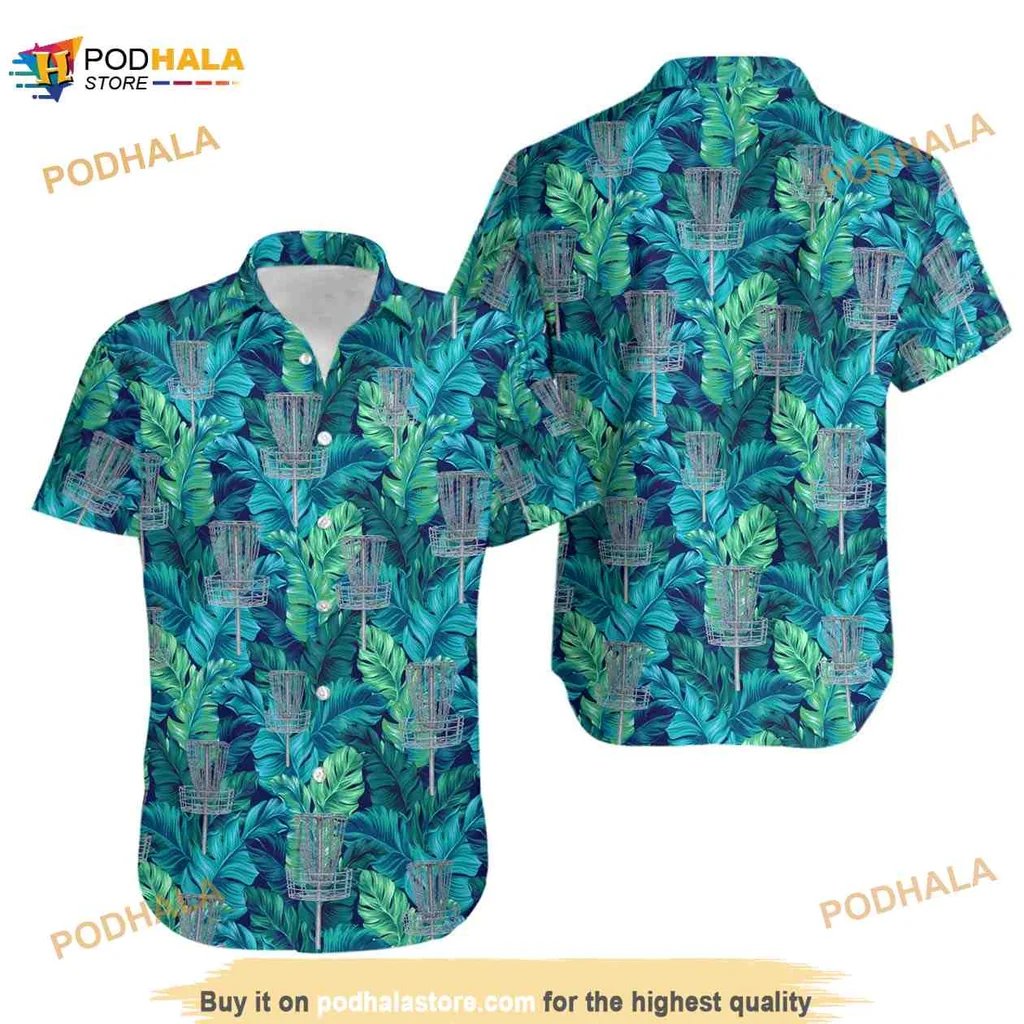 Disc Golf Tropical Hawaiian Shirt With Lush Green Leaves And Baskets