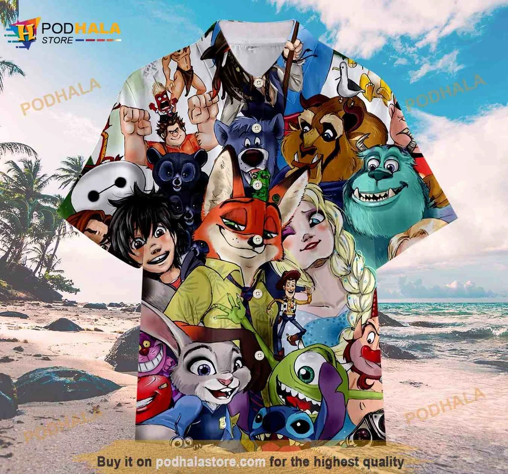 Disney Animated Characters Hawaiian Shirt, Colorful Collage Design