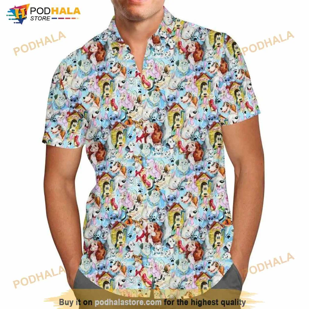 Disney Cartoon Dogs Hawaiian Shirt Featuring Playful Animated Breeds