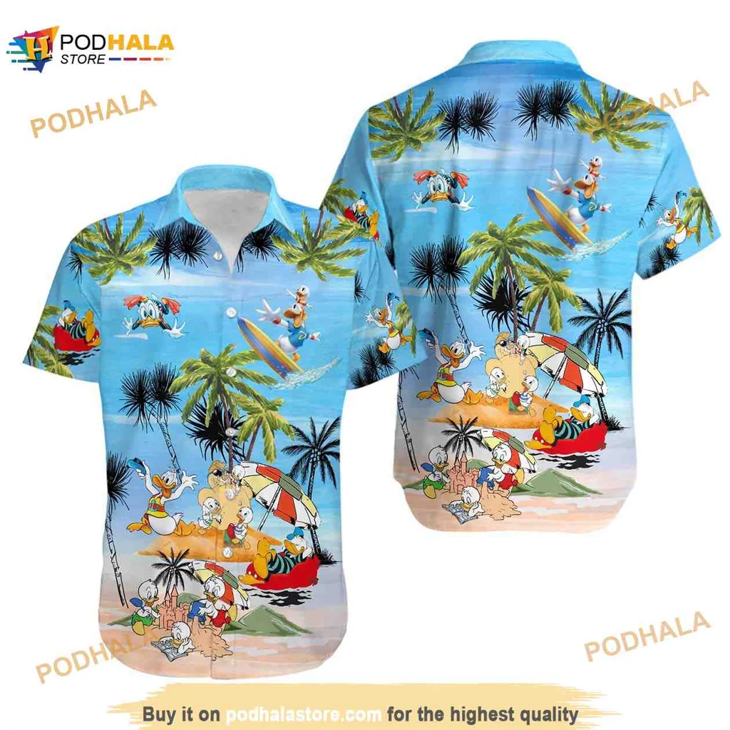 Disney Characters Hawaiian Shirt Featuring Donald Duck Surfing