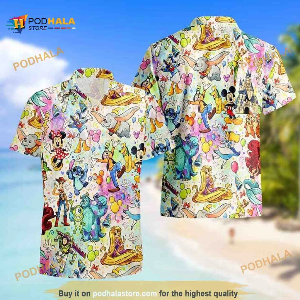 Disney Characters Hawaiian Shirt Featuring Stitch And Mickey Mouse