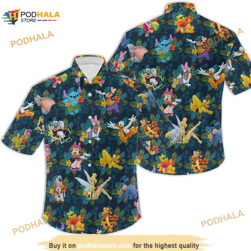 Disney Characters Tropical Hawaiian Shirt With Stitch, Mickey, And Tinker Bell