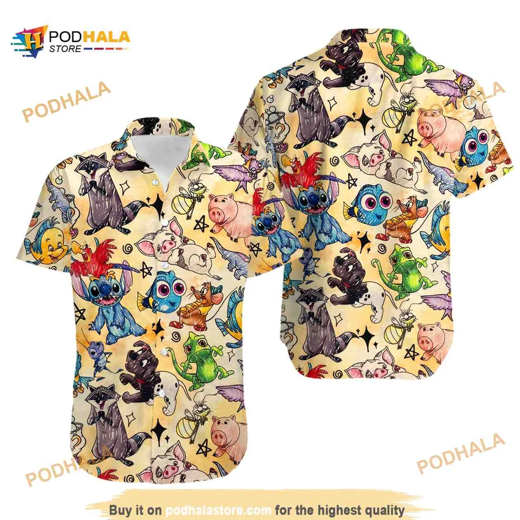 Disney Colorful Cartoon Character Hawaiian Shirt With Whimsical Design
