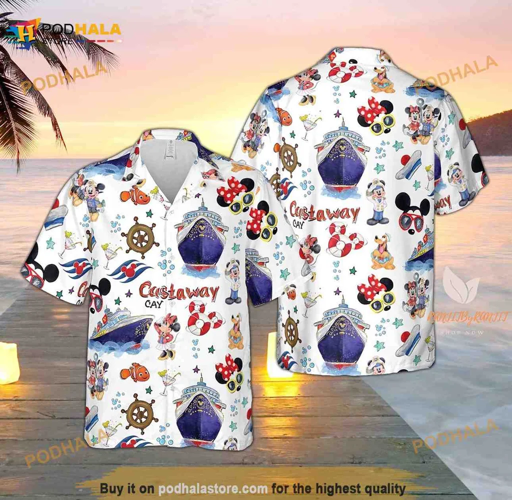 Disney Cruise Nautical Aloha Shirt With Mickey Mouse And Tropical Flowers