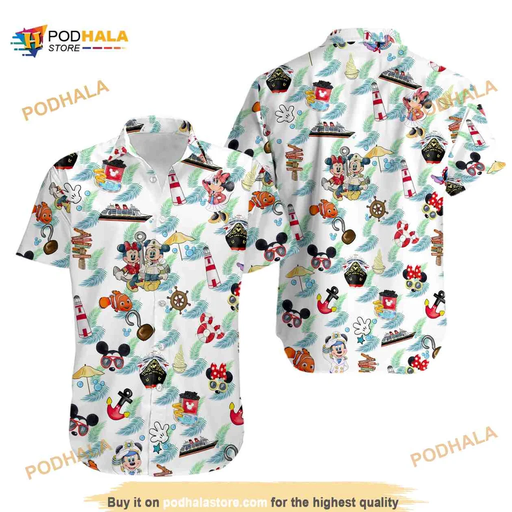 Disney Cruise Tropical Hawaiian Shirt With Mickey And Nautical Designs