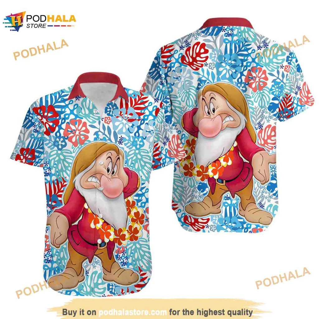 Disney Dwarf Aloha Shirt With Tropical Flowers And Cartoon Design