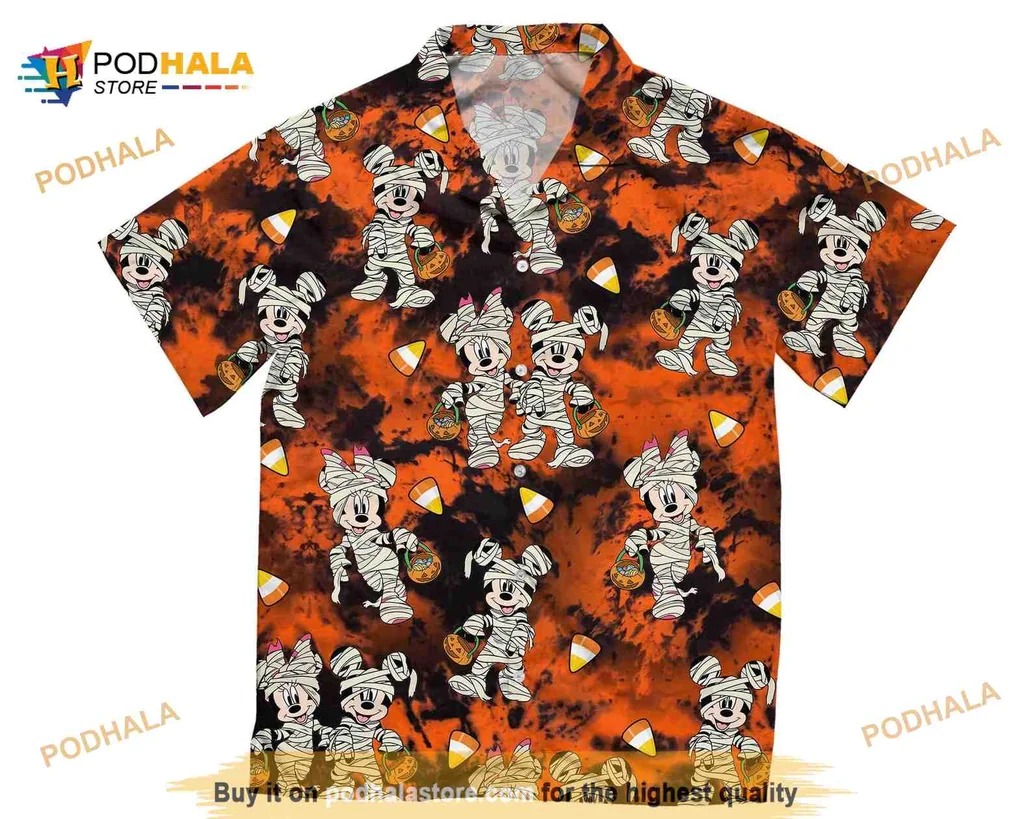Disney Halloween Mickey Minnie Mouse Hawaiian Shirt With Candy Corn Design