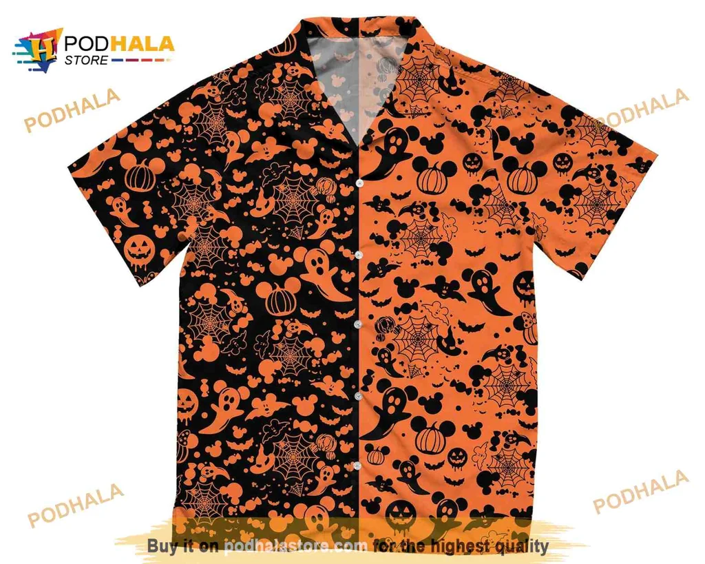 Disney Halloween Mickey Mouse Hawaiian Shirt With Pumpkins And Ghosts