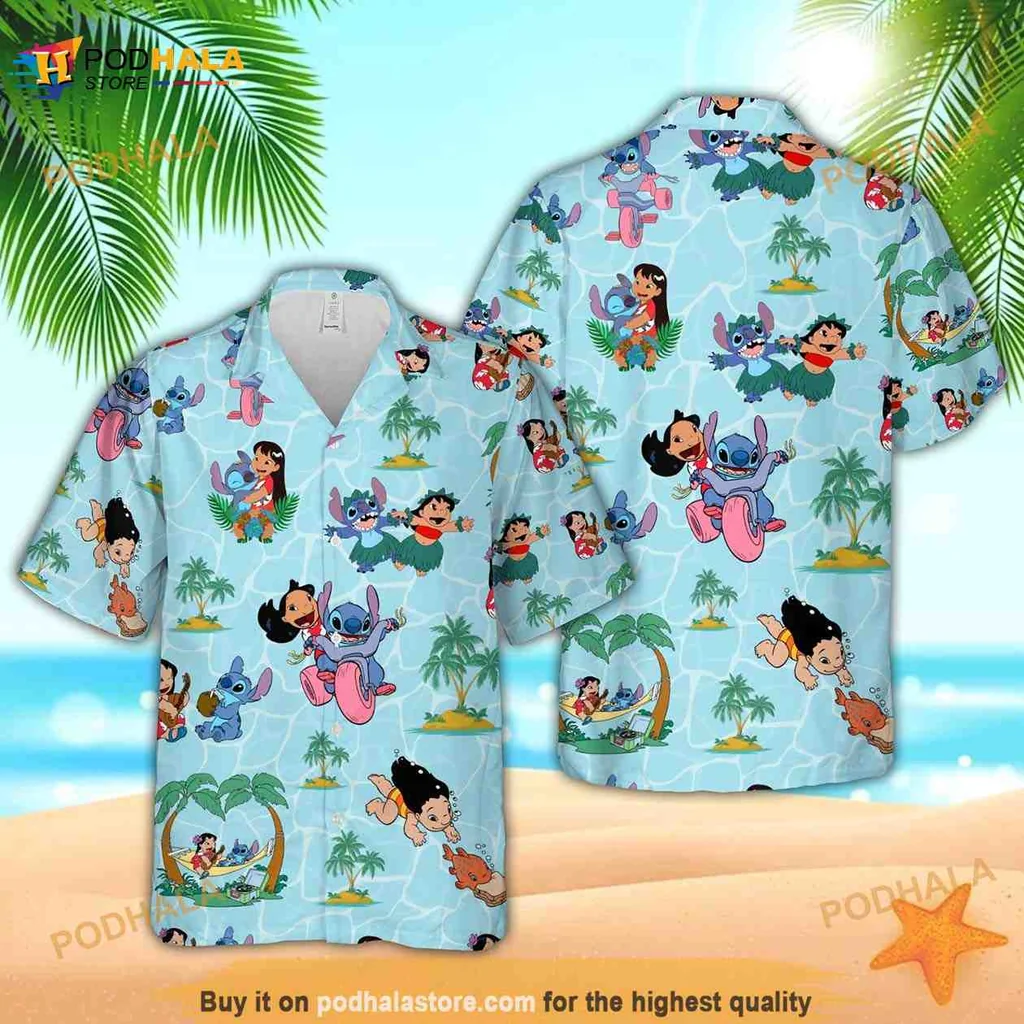 Disney Lilo Stitch Tropical Hawaiian Shirt With Surfing Characters