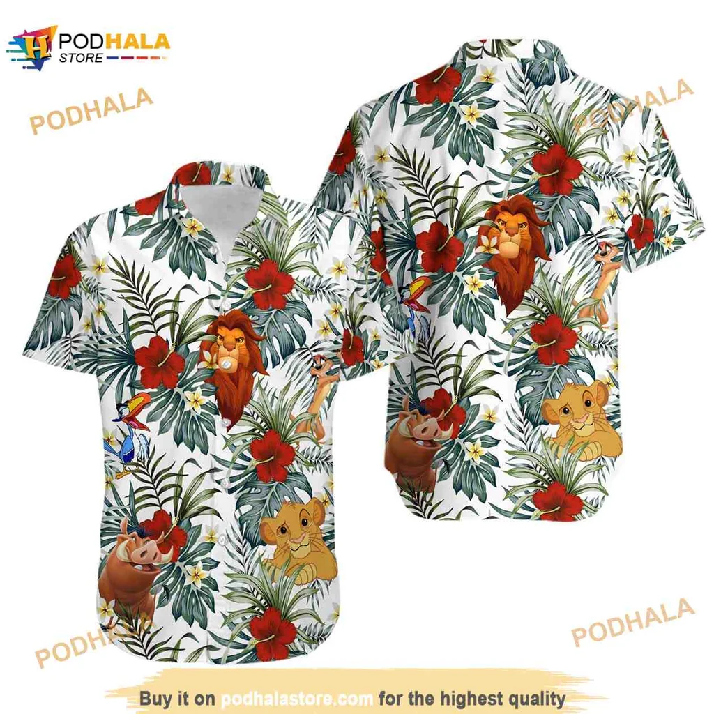 Disney Lion Cub Hawaiian Shirt With Tropical Hibiscus And Leaves