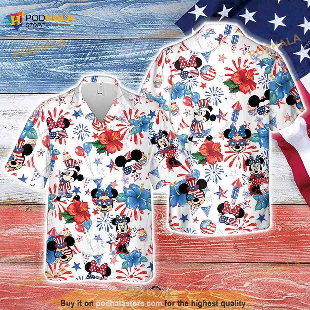 Disney Mickey Minnie Independence Day Hawaiian Shirt With Hibiscus And Fireworks