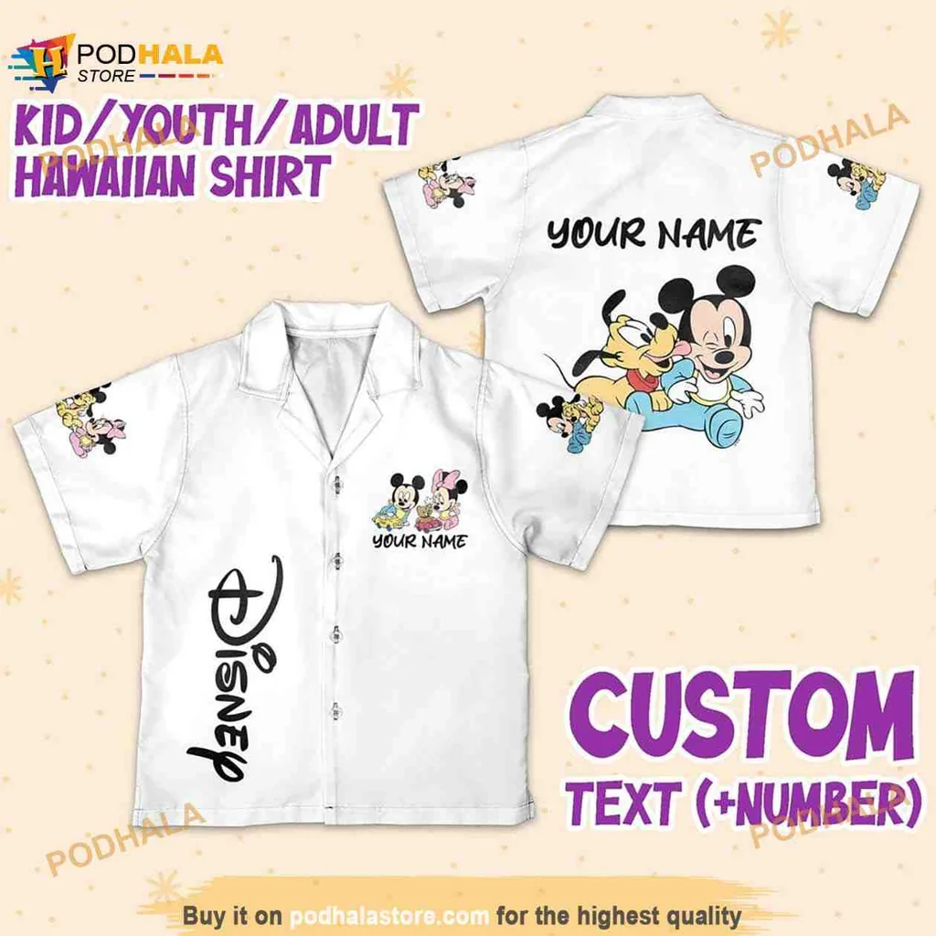 Disney Mickey Mouse Aloha Shirt With Personalized Name And Pluto Design