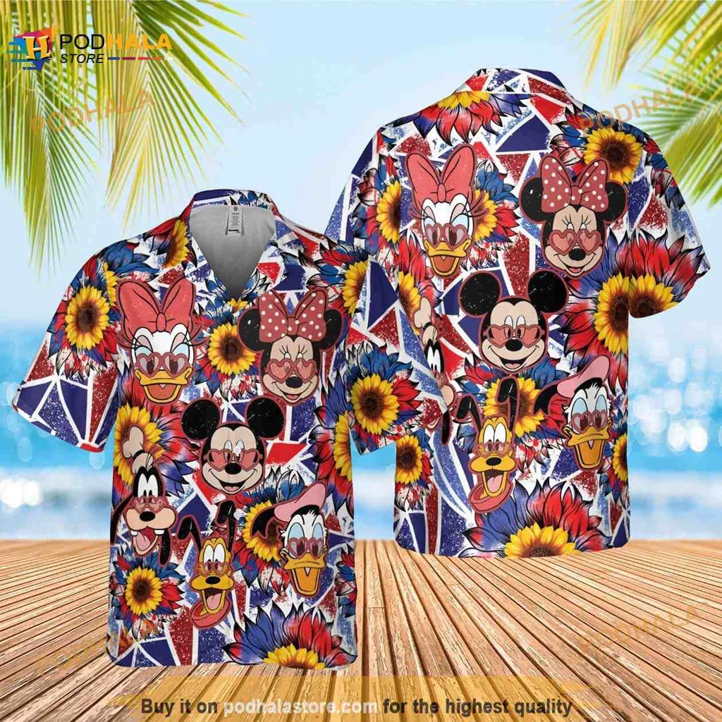 Disney Mickey Mouse Hawaiian Shirt With Colorful Sunflowers For 4th Of July