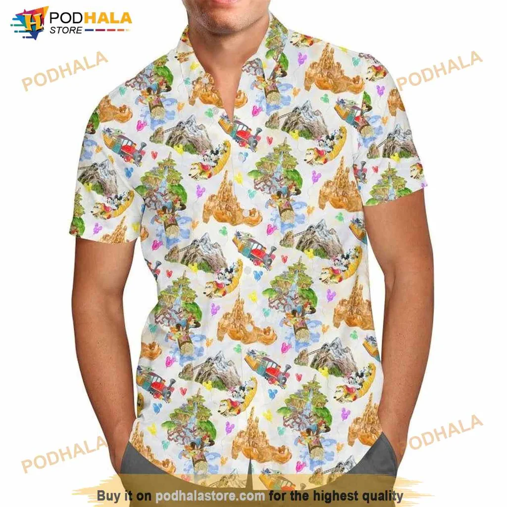 Disney Parks Watercolor Aloha Shirt Featuring Whimsical Scenes