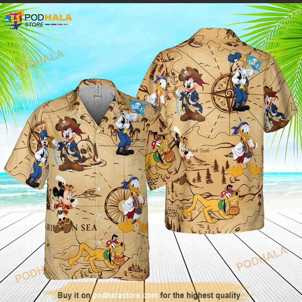 Disney Pirate Cartoon Hawaiian Shirt Featuring Mickey Mouse And Friends