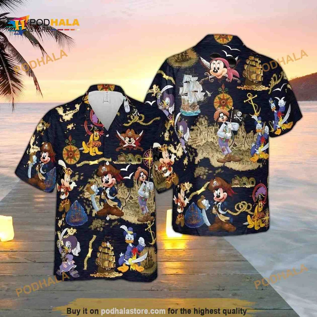 Disney Pirate Themed Hawaiian Shirt Featuring Mickey And Friends