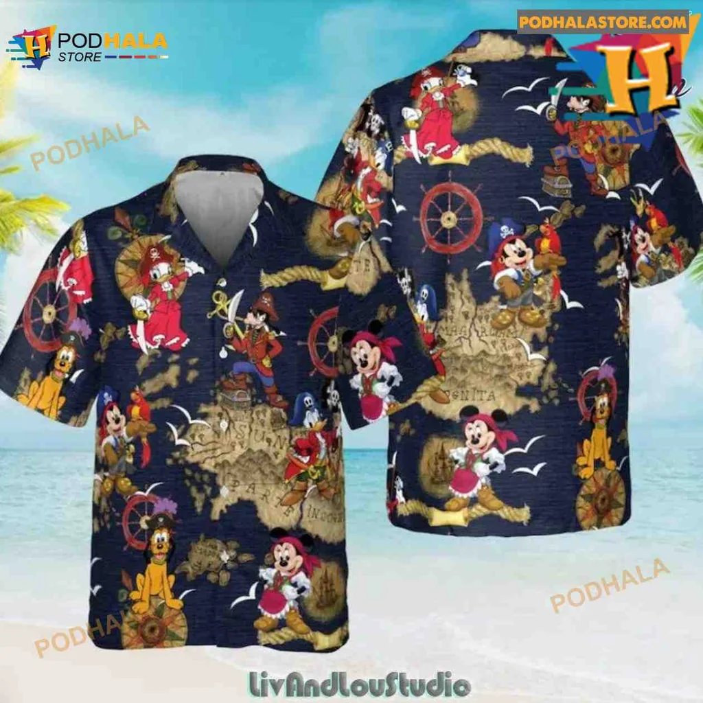 Disney Pirate Themed Hawaiian Shirt With Mickey Mouse And Treasure Map Design