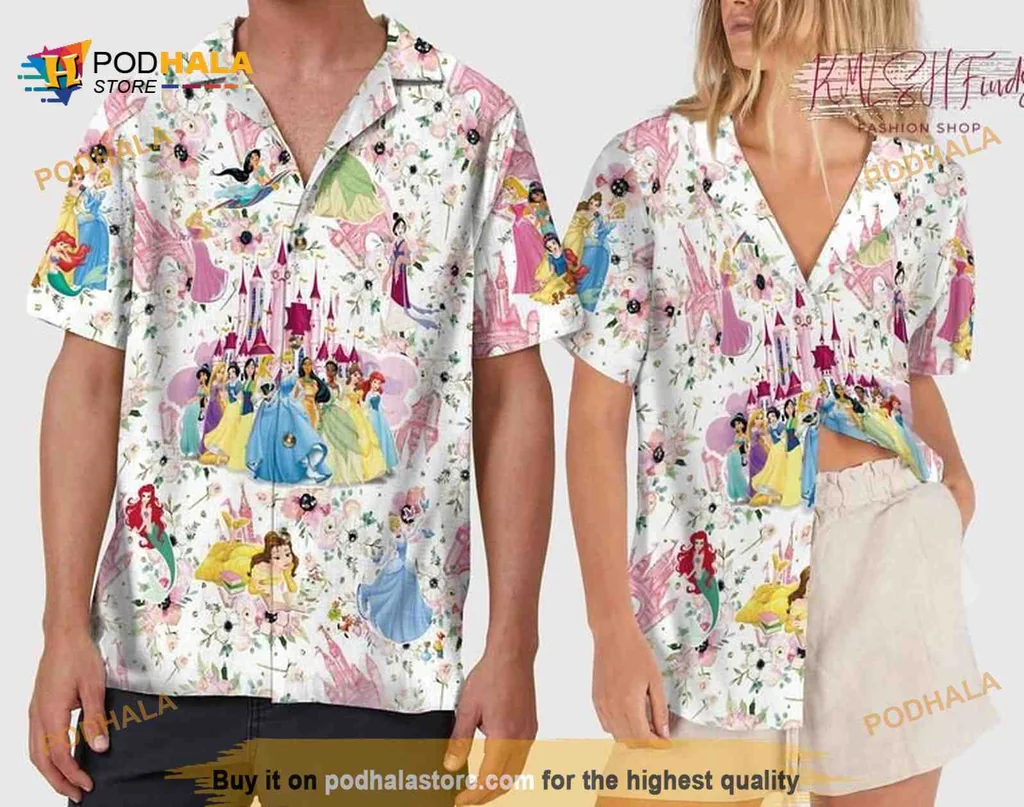 Disney Princess Castle Hawaiian Shirt Featuring Cinderella, Belle, And Ariel