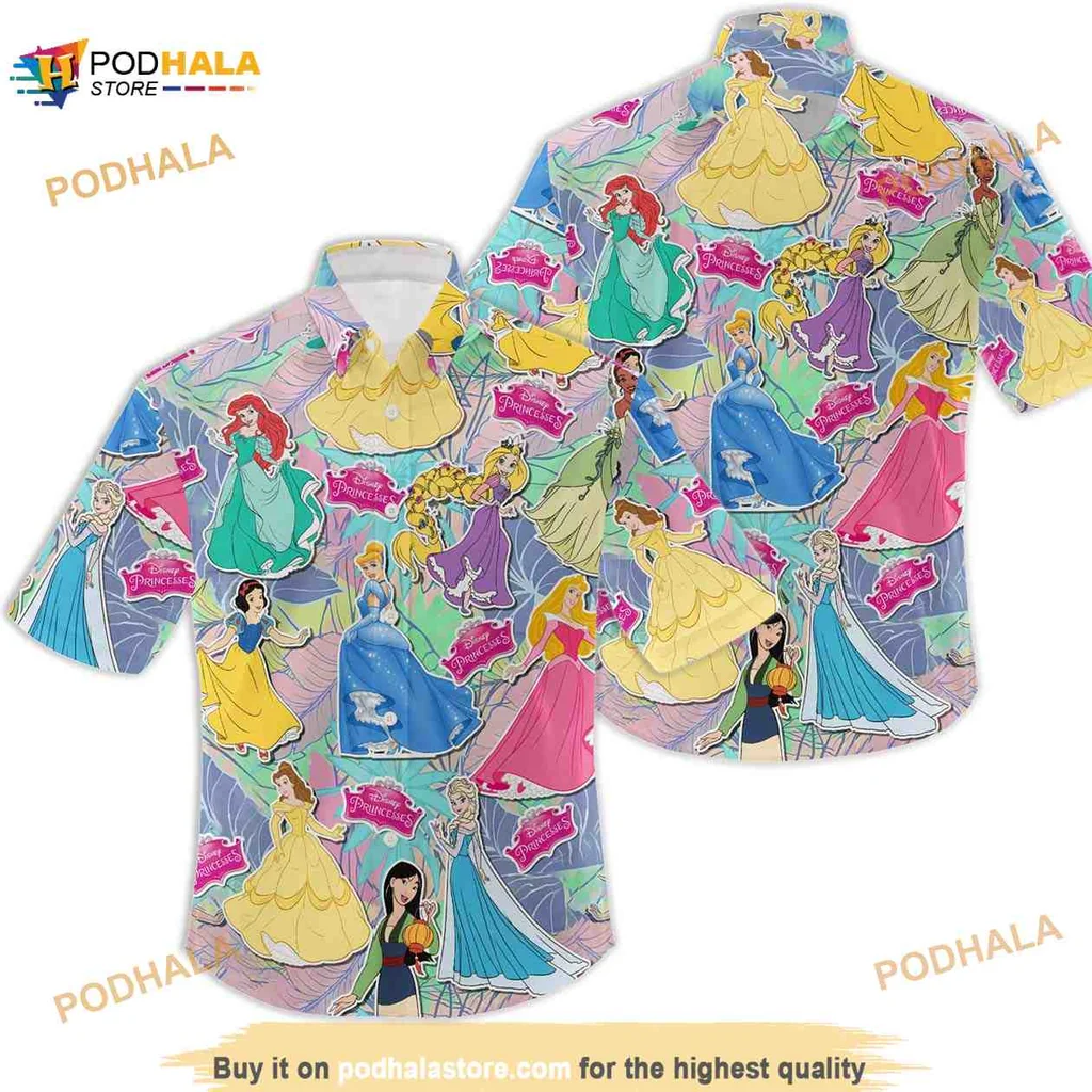 Disney Princess Tropical Hawaiian Shirt Featuring Ariel Belle Cinderella Mulan