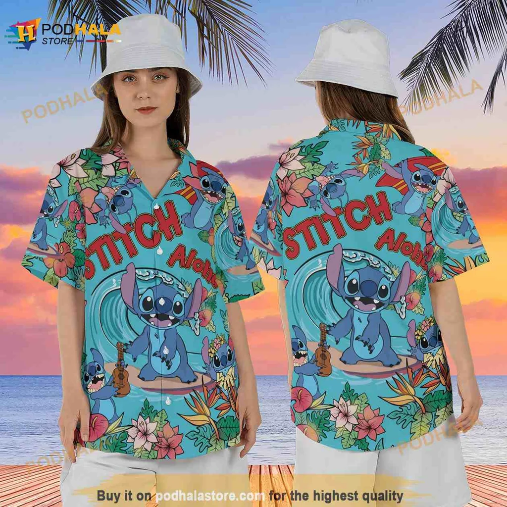 Disney Stitch Aloha Hawaiian Shirt With Tropical Flowers And Ukulele