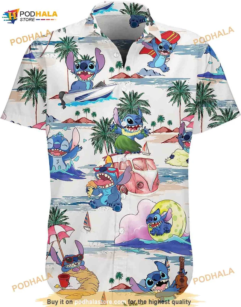 Disney Stitch Hawaiian Shirt Featuring Surfing And Ukulele Designs
