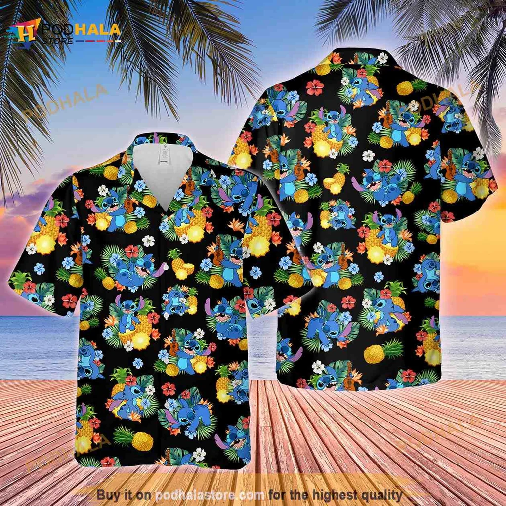 Disney Stitch Pineapple Hawaiian Shirt With Tropical Floral Design