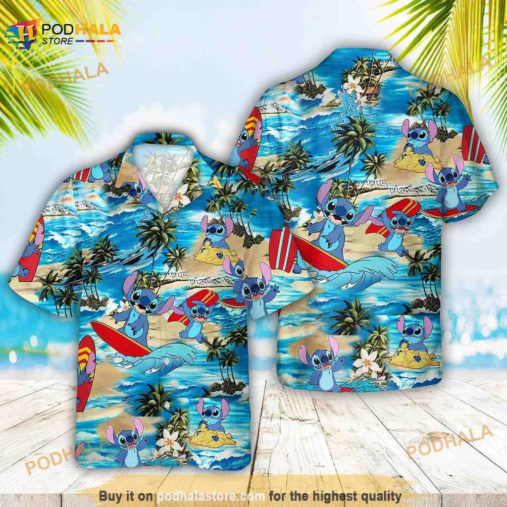 Disney Stitch Surfing Hawaiian Shirt With Tropical Beach Design