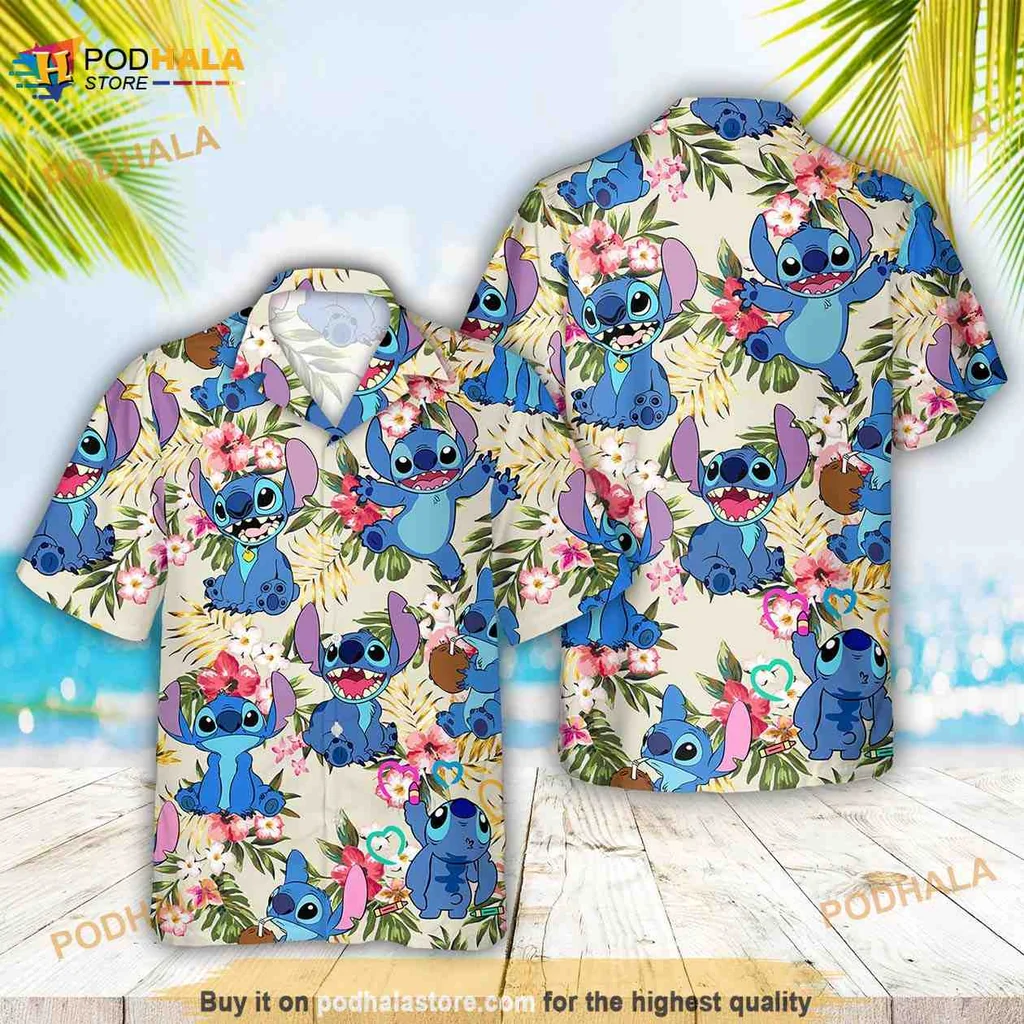 Disney Stitch Tropical Aloha Shirt, Playful Beach Design With Palm Leaves
