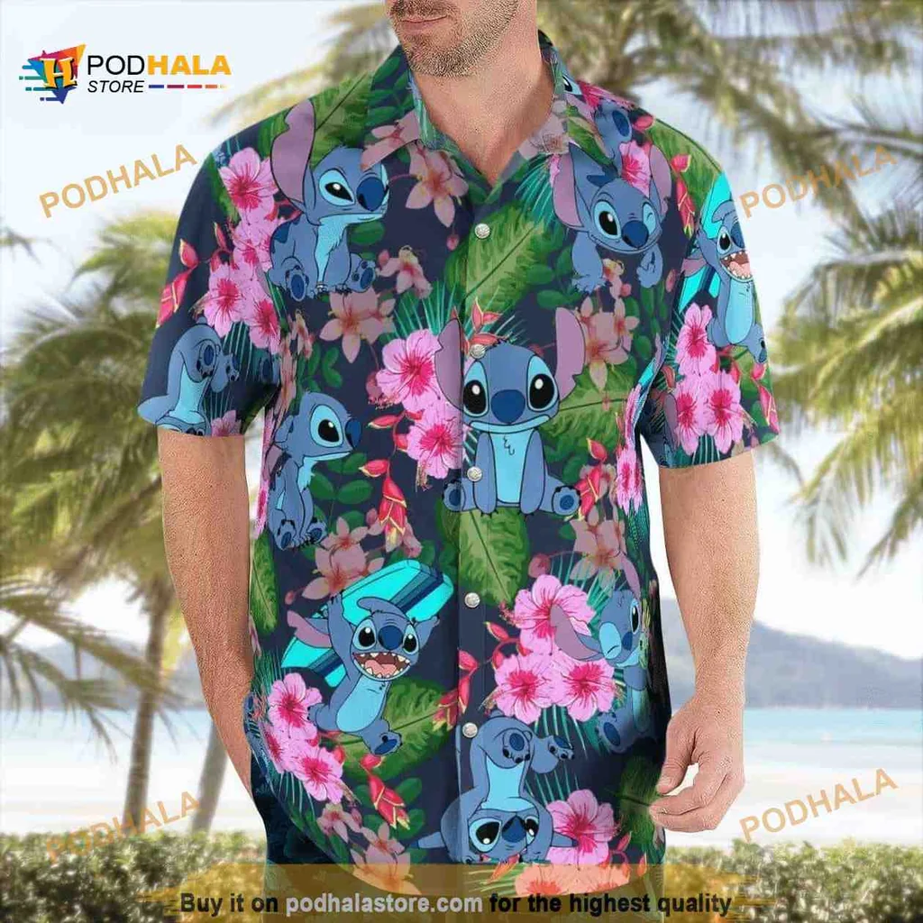 Disney Stitch Tropical Aloha Shirt With Hibiscus Flowers