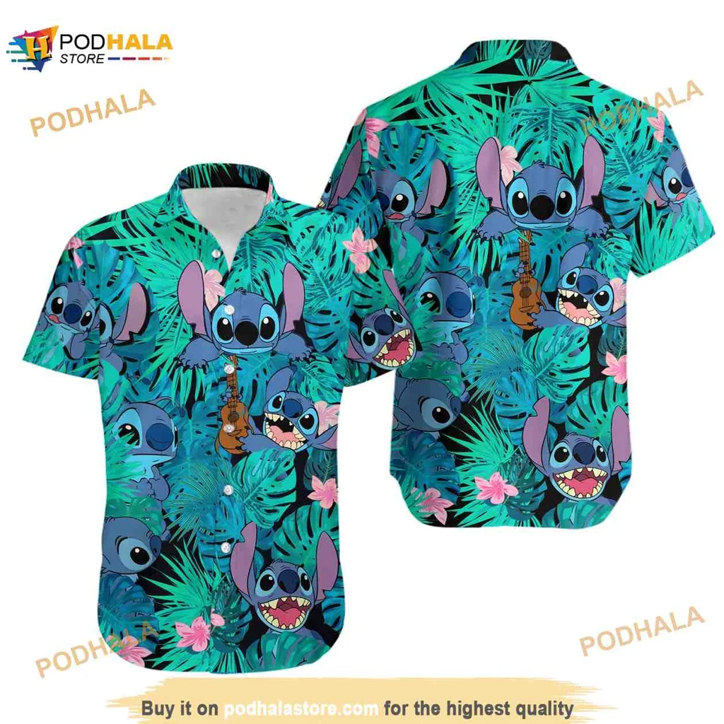 Disney Stitch Tropical Aloha Shirt With Lush Hibiscus And Leaves