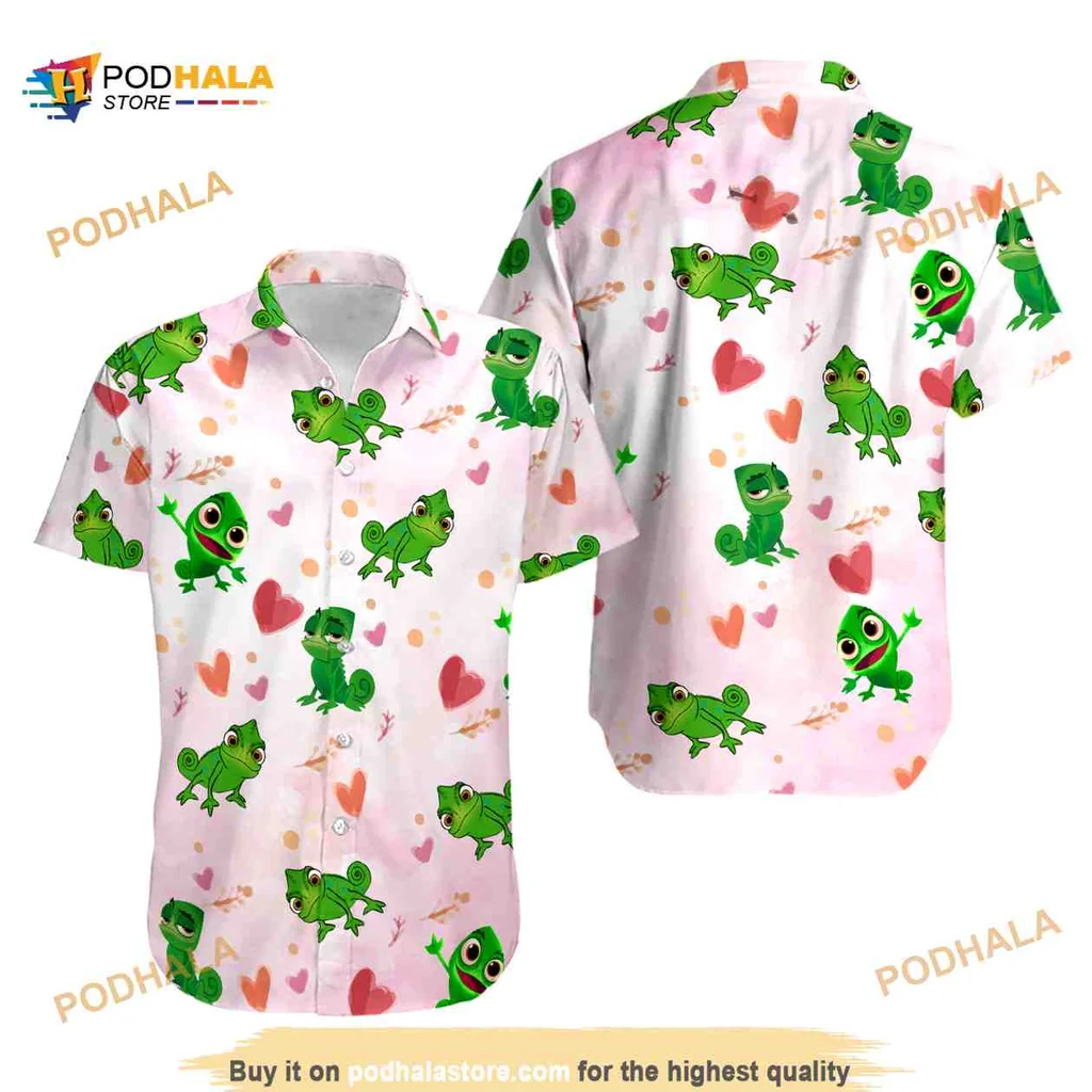 Disney Tangled Pascal Chameleon Hawaiian Shirt With Heart Floral Design