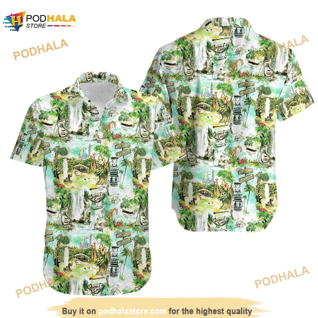 Disney Tropical Aloha Shirt Featuring Lush Green Foliage And Tiki Statues