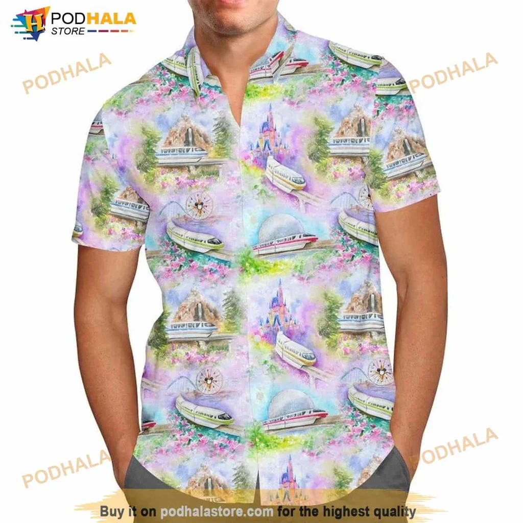 Disney Watercolor Monorail Hawaiian Shirt With Iconic Landmarks