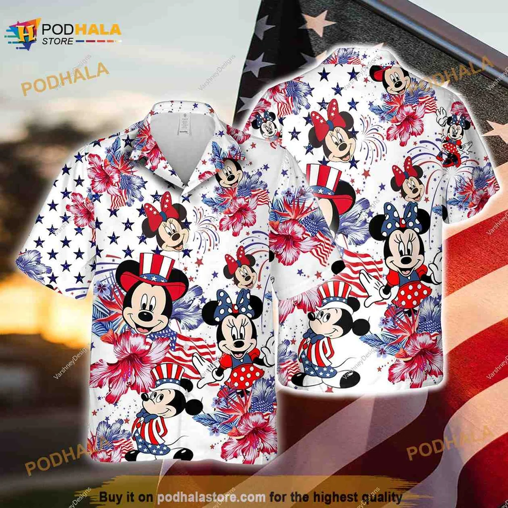 Disneyland Independence Day Hawaiian Shirt With Mickey And Minnie