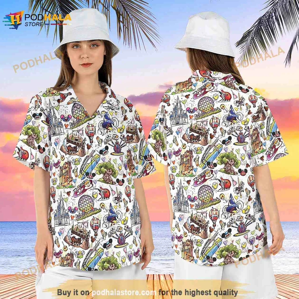 Disneyland Summer Vacation Hawaiian Shirt With Colorful Attractions And Tropical Motifs