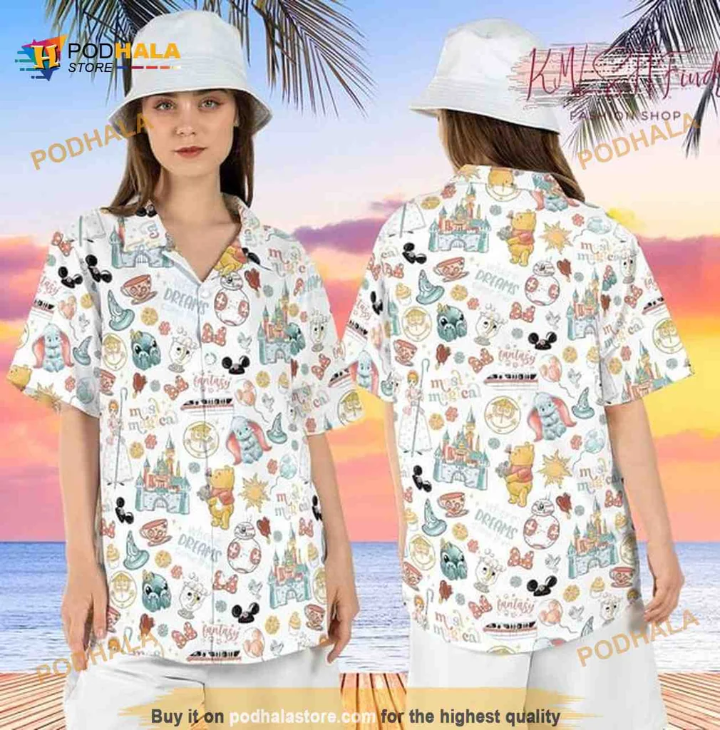 Disneyland Tropical Pattern Hawaiian Shirt With Mickey Mouse And Castles