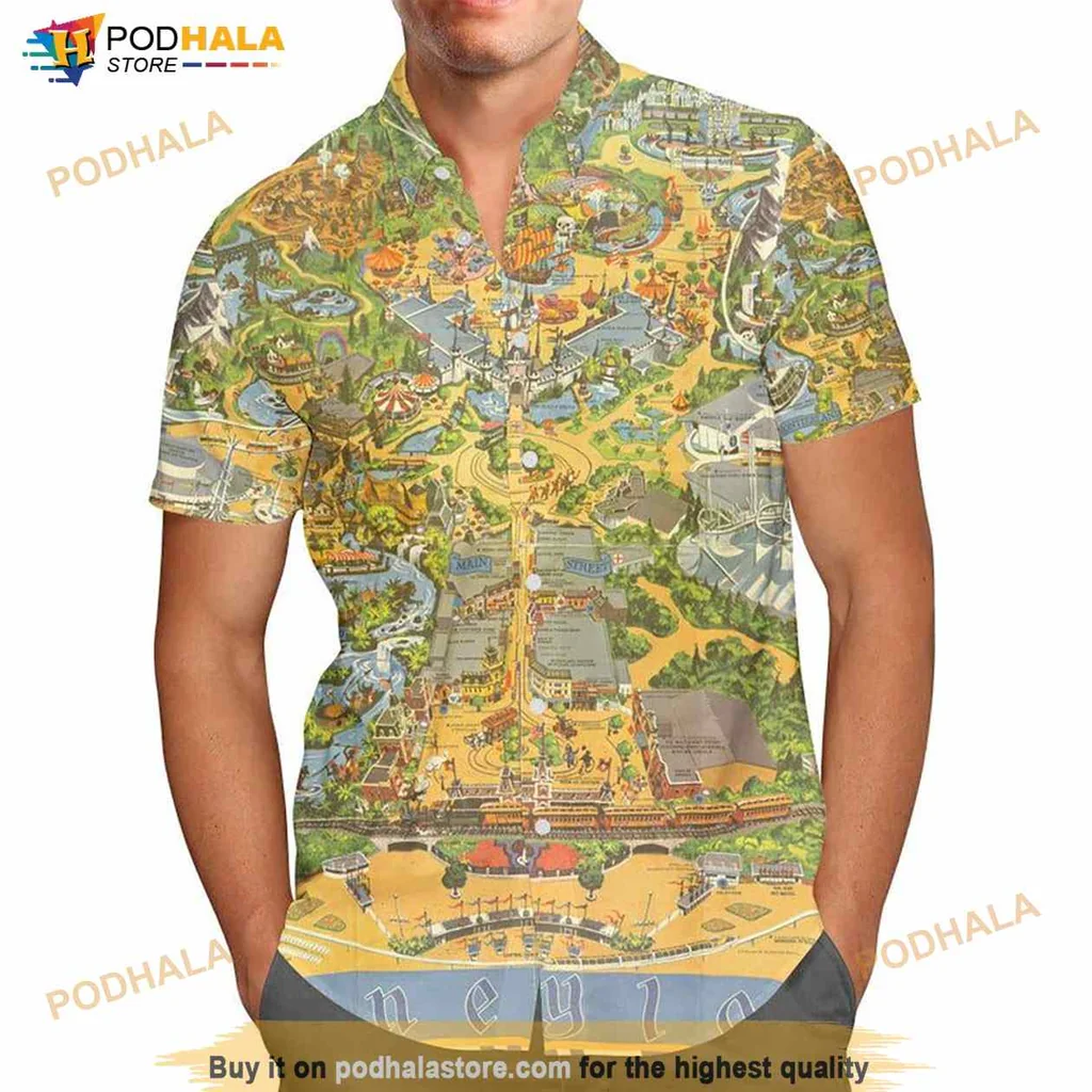 Disneyland Vintage Map Hawaiian Shirt Featuring Iconic Attractions And Landmarks