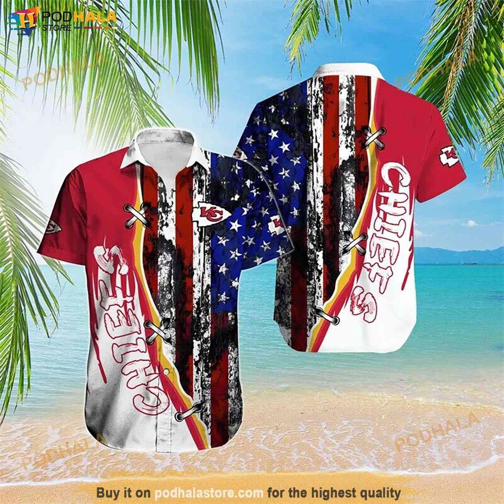 Distressed Kansas City Chiefs Hawaiian Shirt, American Flag Design For Nfl Fans