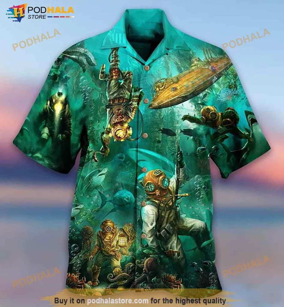 Diver Ocean Hawaiian Shirt Featuring Vintage Diving Suit And Marine Life