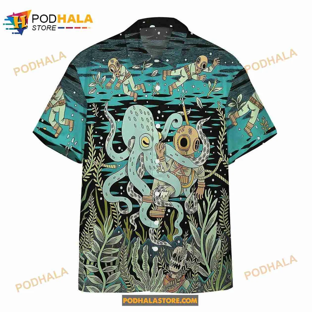 Diver Octopus Vintage Hawaiian Shirt, Playful Underwater Adventure Design