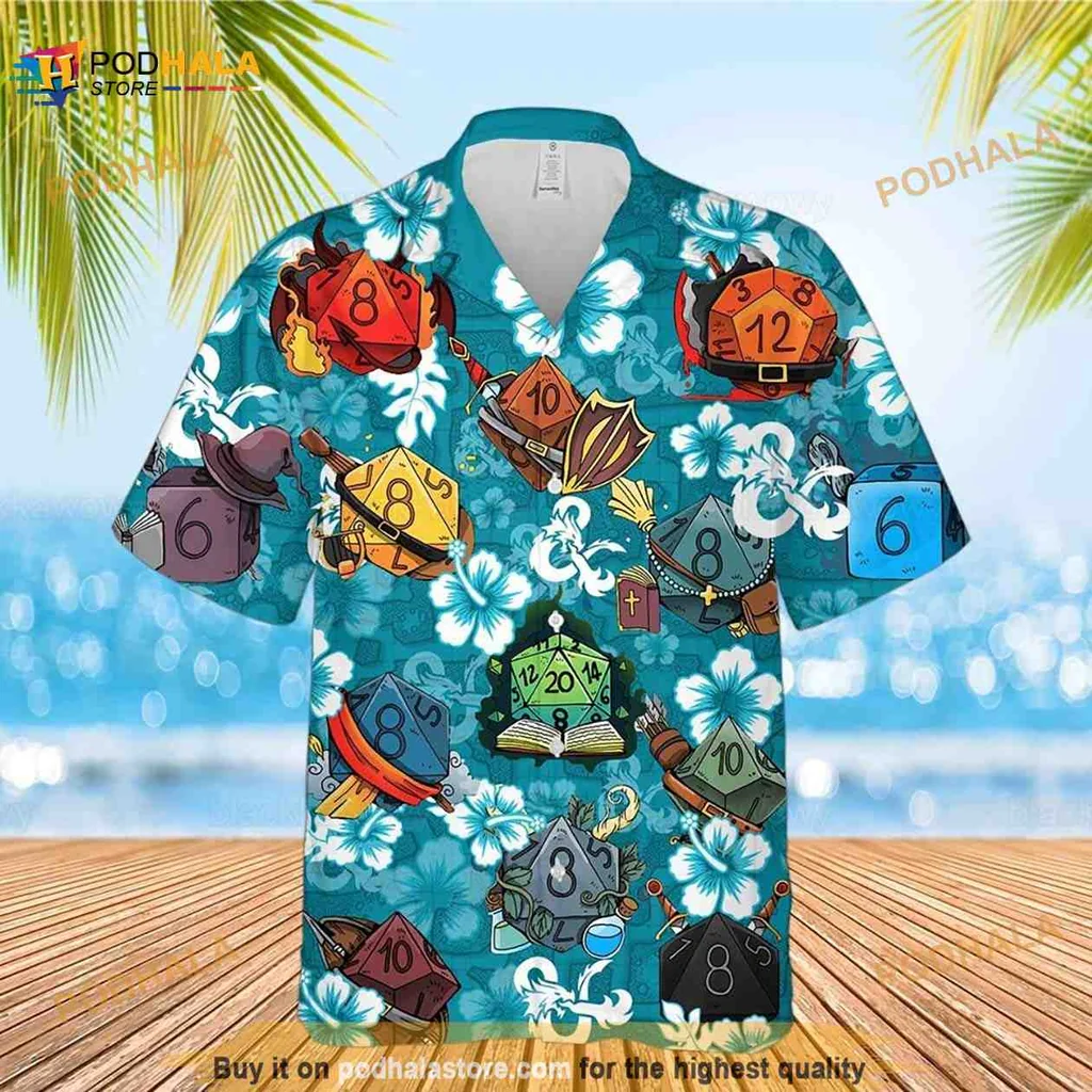Dnd Dice Hawaiian Shirt With Tropical Motifs And Colorful Gaming Dice