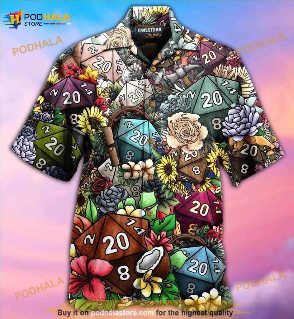 Dnd Floral Dice Hawaiian Shirt Featuring Colorful D20s And Tropical Flowers