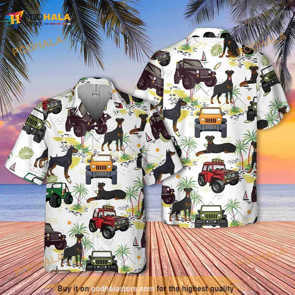 Doberman Car Hawaiian Shirt With Tropical Design And Classic Vehicles