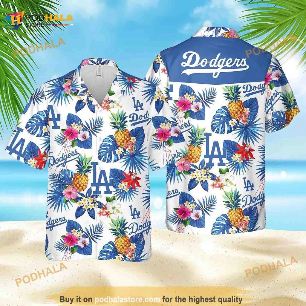 Dodgers Tropical Aloha Hawaiian Shirt With Pineapples And Hibiscus Flowers