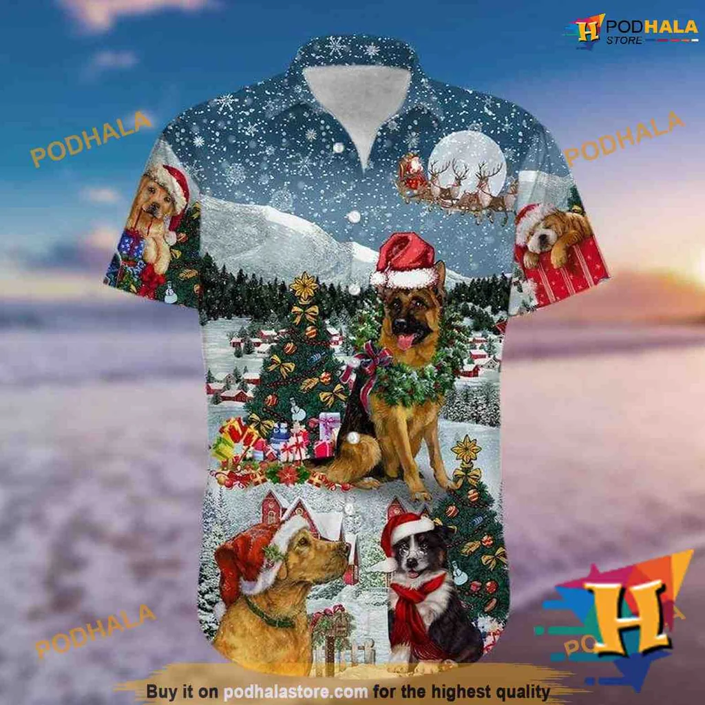 Dogs In Christmas Aloha Shirt With Santa Hats And Festive Design